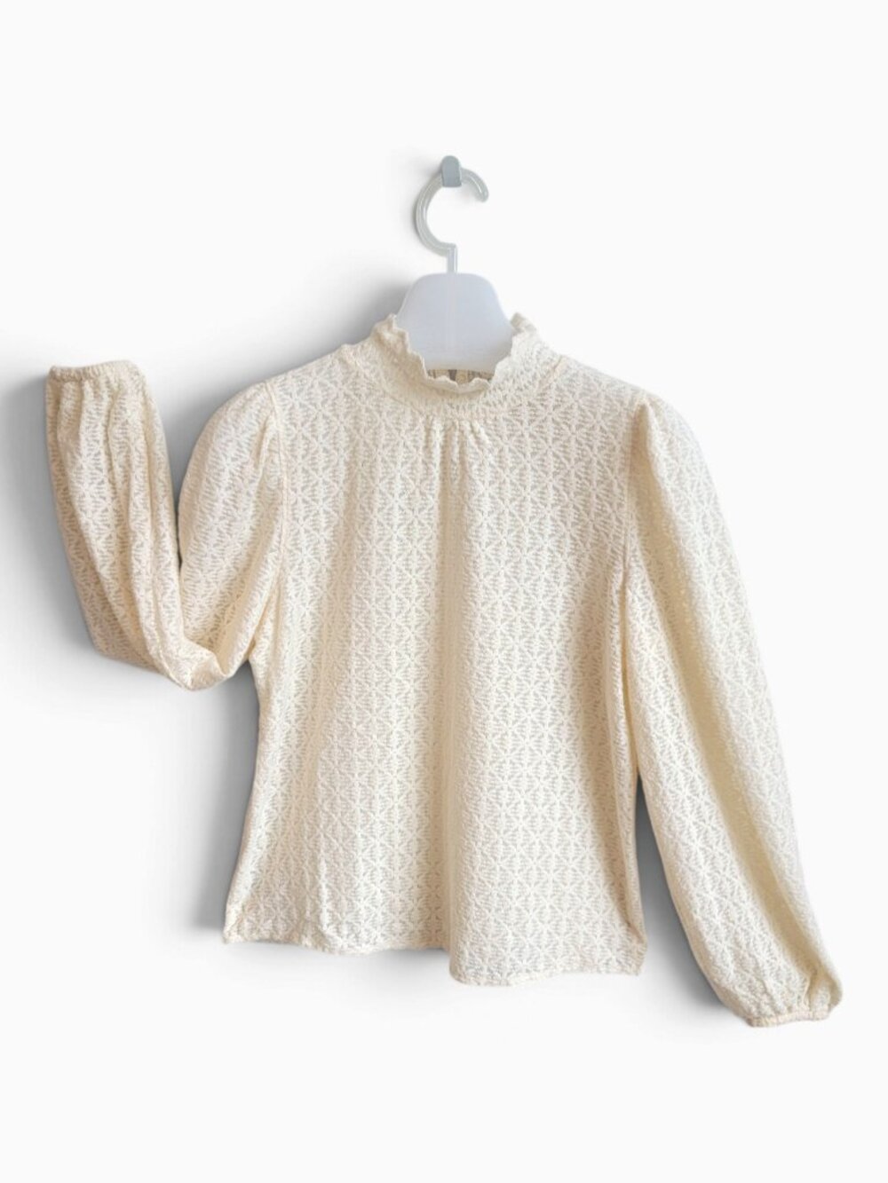 LOFT Petite S Ivory Lace Blouse Ruffle Mock Neck Puff Sleeve Cottagecore